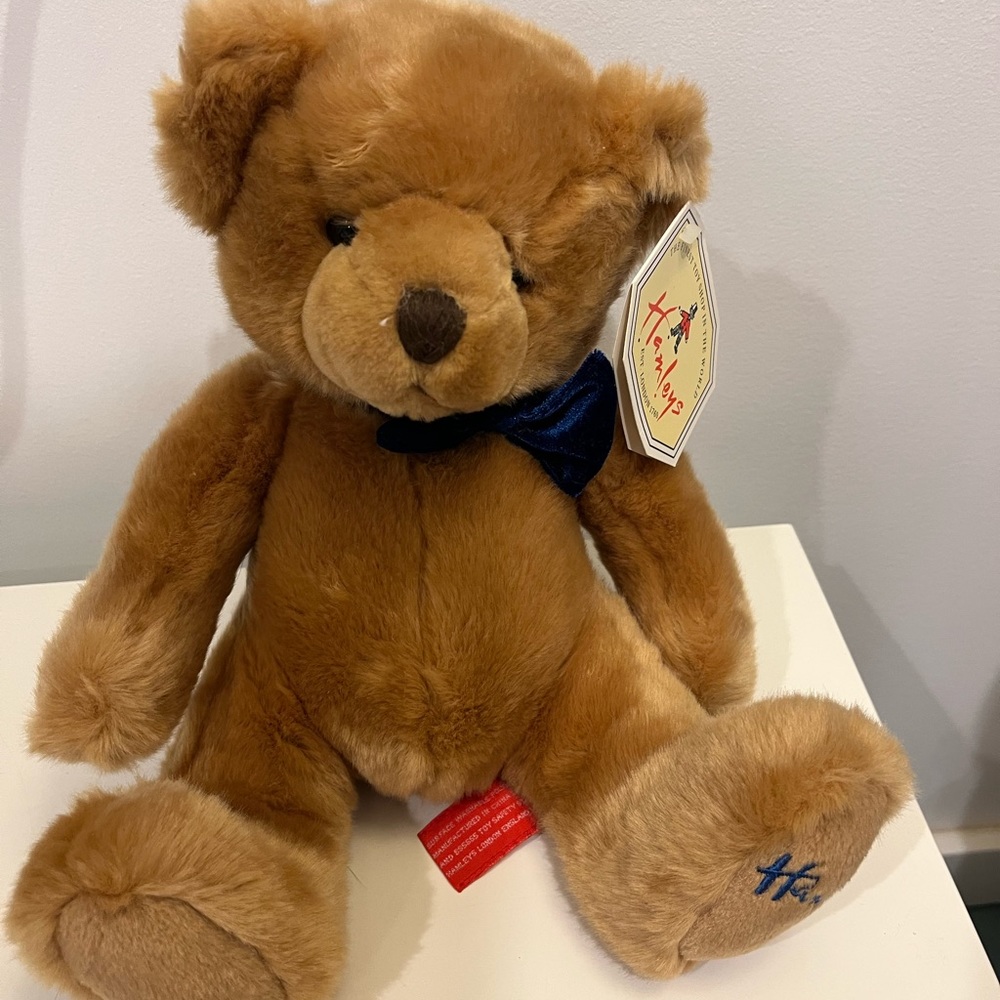 New with tags vintage 2001 Hamleys of London teddy bear blue bow tie